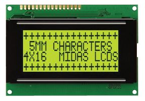 MIDAS DISPLAYS MC41605A6W-SPR-V2 Alphanumeric LCD, 16 x 4, Black on Yellow / Green, 5V, Parallel, English, Japanese, Reflective