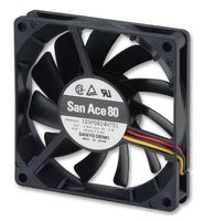 SANYO DENKI 109P0812M702 DC Axial Fan, 12 V, Square, 80 mm, 15 mm, Ball Bearing, 20.1 CFM