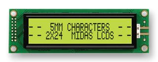 MIDAS DISPLAYS MC22405A6WK-SPTLY-V2 Alphanumeric LCD, 24 x 2, Black on Yellow / Green, 5V, Parallel, English, Euro, Transflective