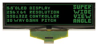 MIDAS DISPLAYS MCOT256064C1Y-GM Graphic OLED, 256 x 64, Green on Black, 2.75V, Parallel, SPI, 146mm x 45mm, -40 °C