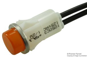 VCC / VISUAL COMMUNICATIONS COMPANY 1050C3 Neon Indicator, Non-Relampable, 125 VAC, Wire Leaded, Amber, 12.7 mm, Round with Flat Top