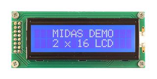 MIDAS DISPLAYS MC21605B6W-BNMLW3.3-V2 Alphanumeric LCD, 16 x 2, White on Blue, 3.3V, Parallel, English, Japanese, Transmissive
