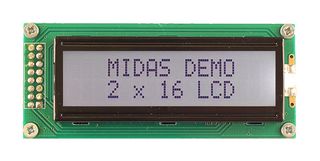 MIDAS DISPLAYS MC21605B6W-FPTLW3.3-V2 Alphanumeric LCD, 16 x 2, Black on White, 3.3V, Parallel, English, Japanese, Transflective