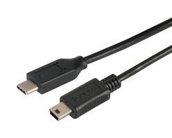 L-COM CAU2CMB5-5M USB Cable, Type C Plug to Mini Type B Plug, 5 m, 16.4 ft, USB 2.0, Black