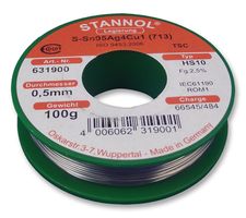 STANNOL 631900 Solder Wire, 95.5/3.8/0.7, 0.5mm Diameter, 217°C, 100g