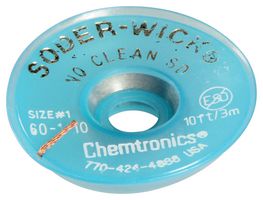CHEMTRONICS 60-1-10 Desoldering Braid, Soder-Wick®, No-Clean, #1 Blue, Static Dissipative Bobbin, 0.8 x 10ft